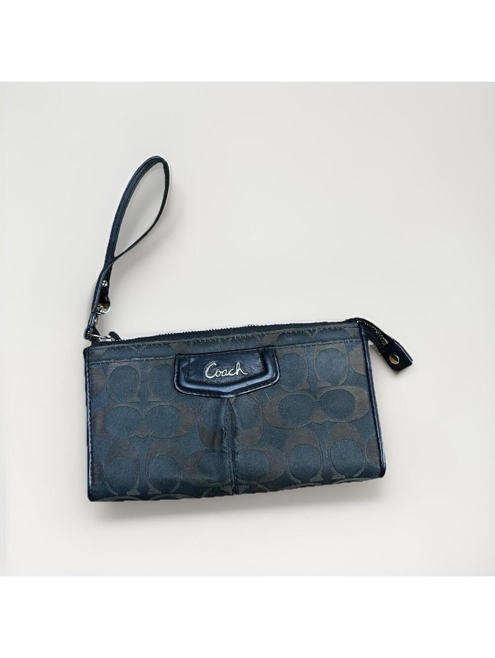 Coach VTG Wristlet Wallet Black & Brown Monogram Zip Logo Canvas Leather Pockets